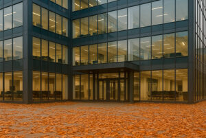 Imagem de Capa: folhas secas acumuladas perto de uma edificação comercial.